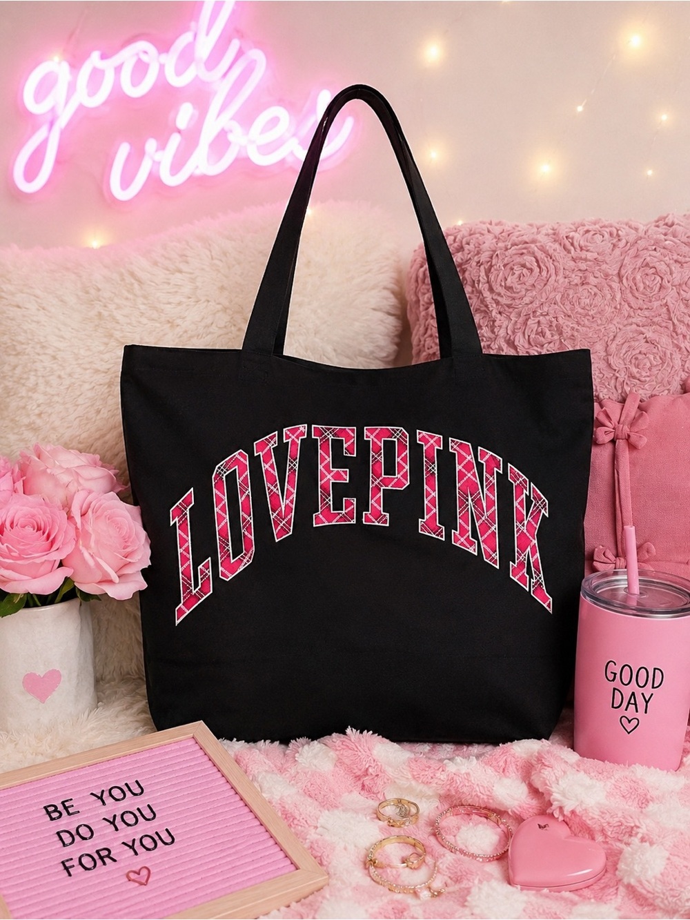 PINK Victoria's Secret Black Tote with Pink LOVE PINK Graphic